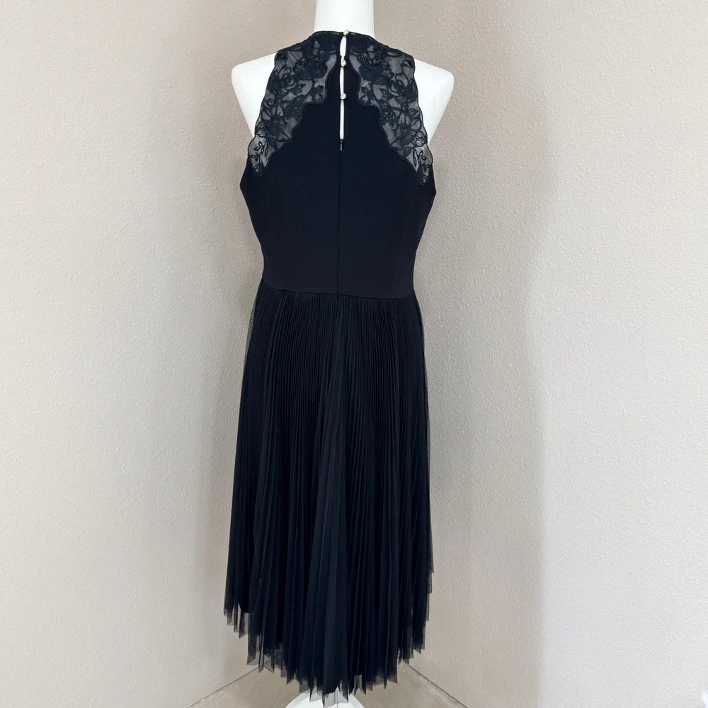 Ted Baker Langley Lace Pleated Midi Dress Black Romantic Elegant Luxe US 10